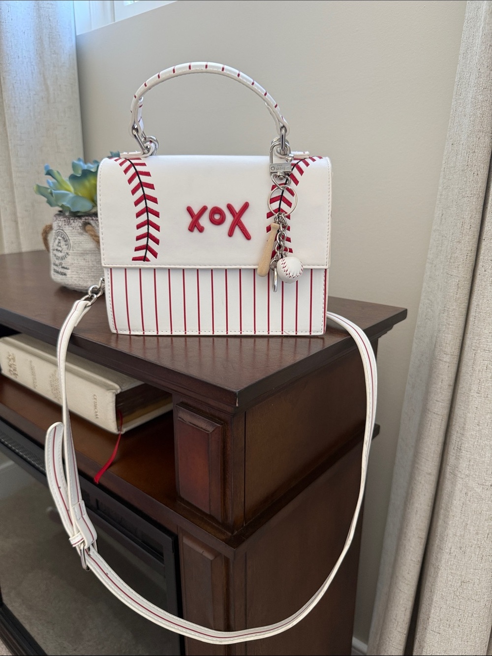 White & Red 'XOX' Baseball Stitch Crossbody Bag